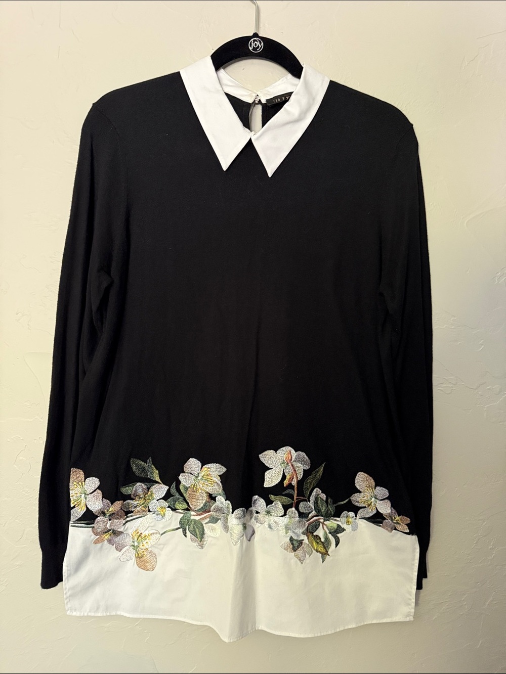 Ted Baker Black Long-Sleeve Top with White Collar and Floral Hem